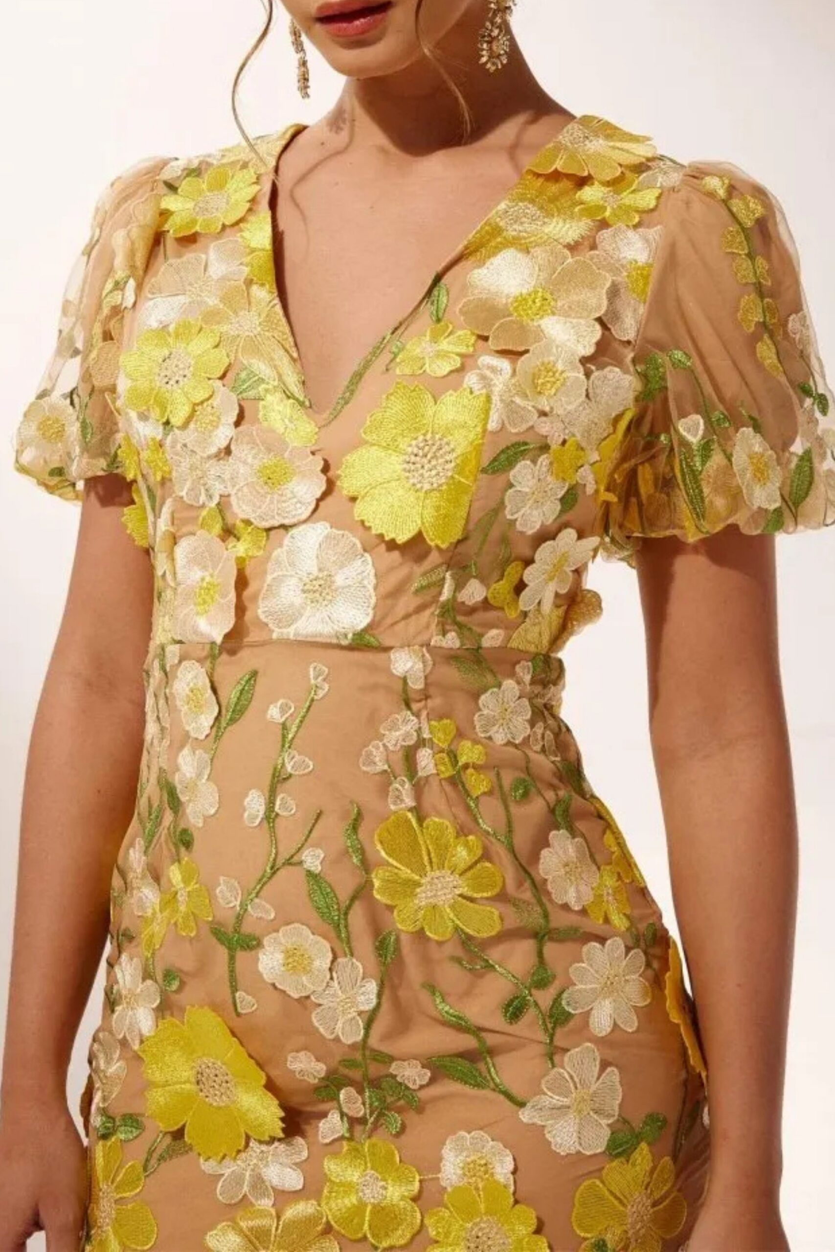 EREN PUFF SLEEVE V-NECK FLORAL MIDI DRESS FOR WEDDING GUEST