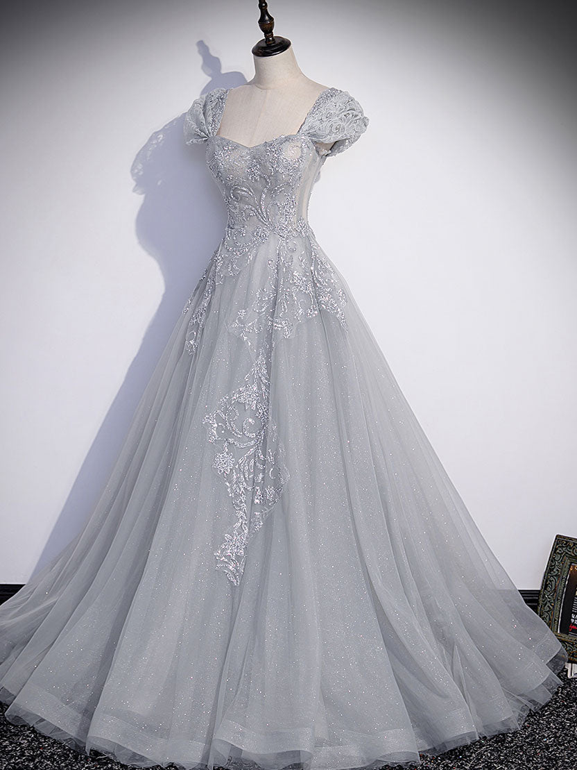 A-LINE GRAY TULLE SEQUIN PARTY DRESS
