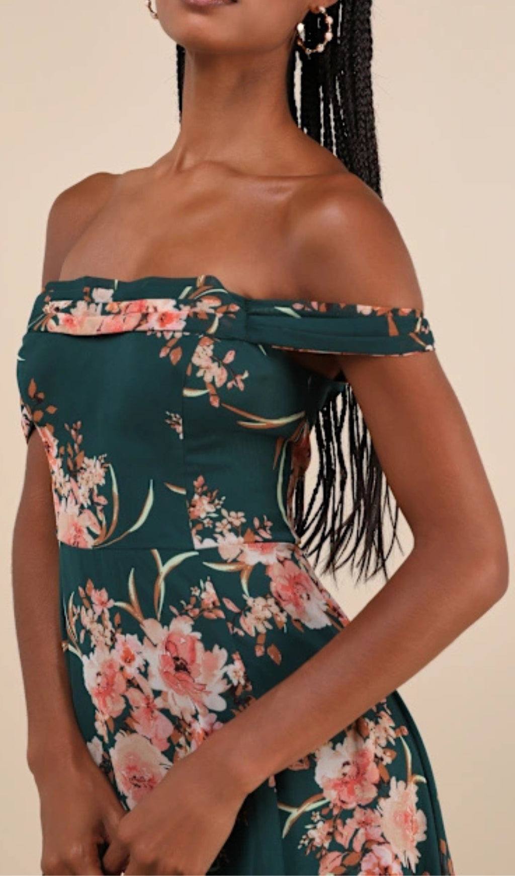 EMERALD GREEN OFF-SHOULDER FLORAL MAXI DRESS