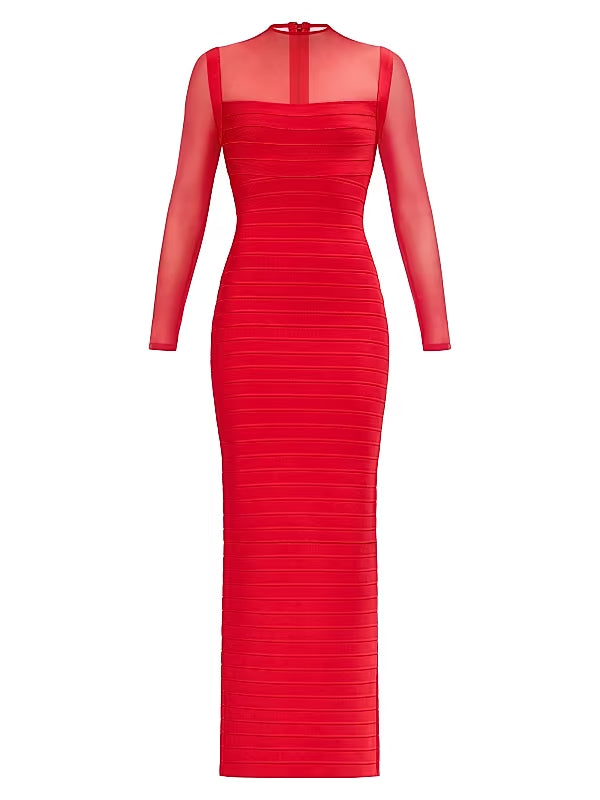 TINA RED MESH SEE-THROUGH BANDAGE MAXI DRESS