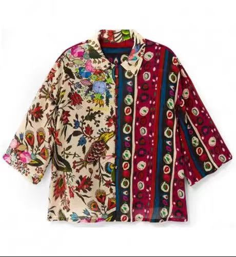 MULTICOLOR FOLK FLORAL PRINT THREE-QUARTER SLEEVE BUTTON-DOWN SHIRT