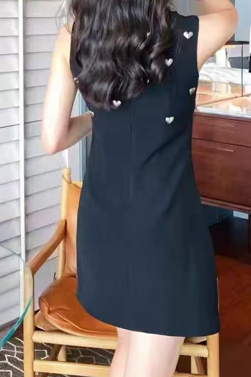 SCALLOPED NECK HEART STUD SLEEVELESS BLACK MINI DRESS