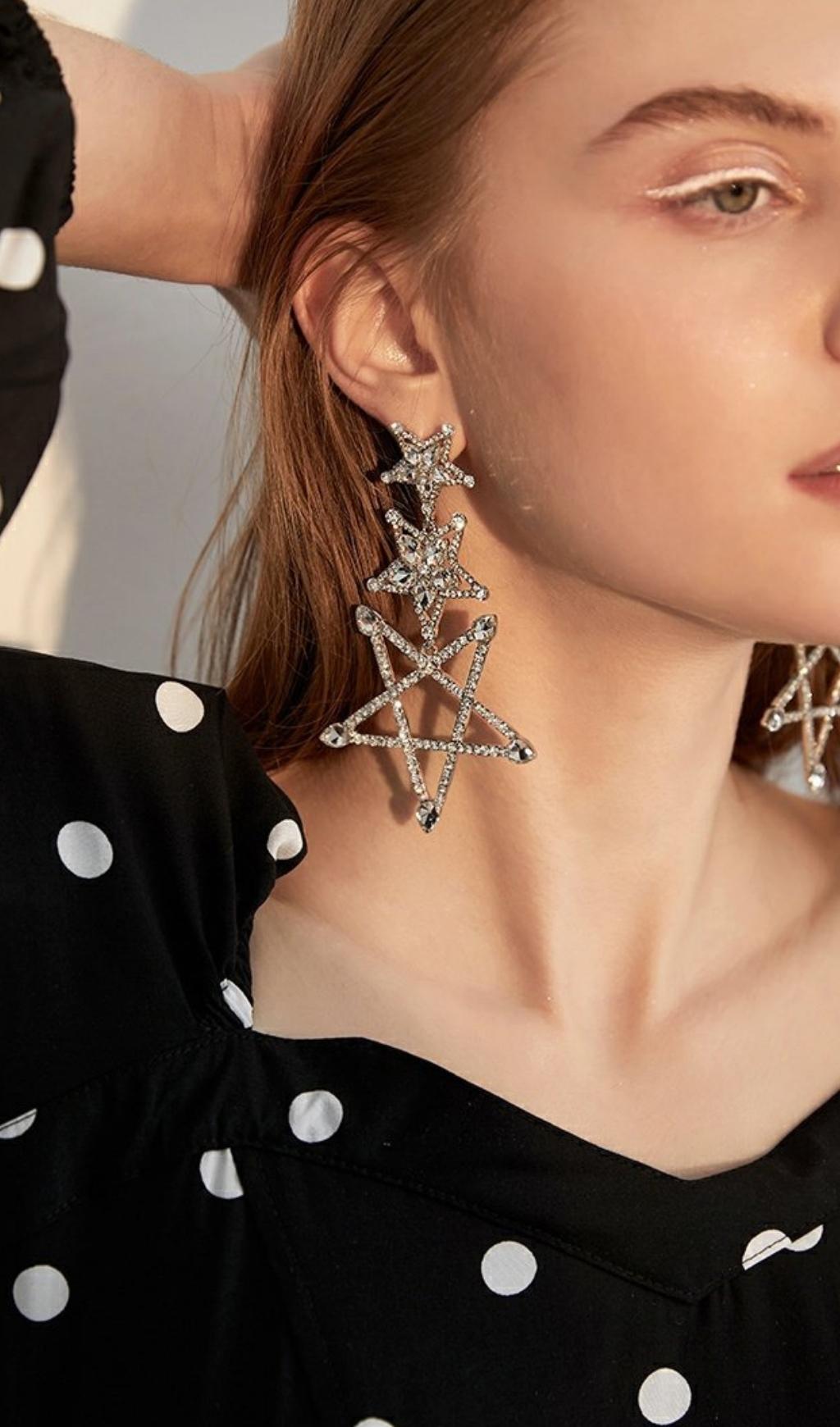 SILVER PENTAGRAM RHINESTONE DROP EARRINGS FOR GOTHIC PARTY
