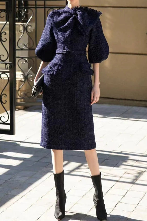 382443ab-8513-4096-8900-1cc3b4b8b607 MILDRED TWEED BOW COLLAR MIDI DRESS, DARK BLUE