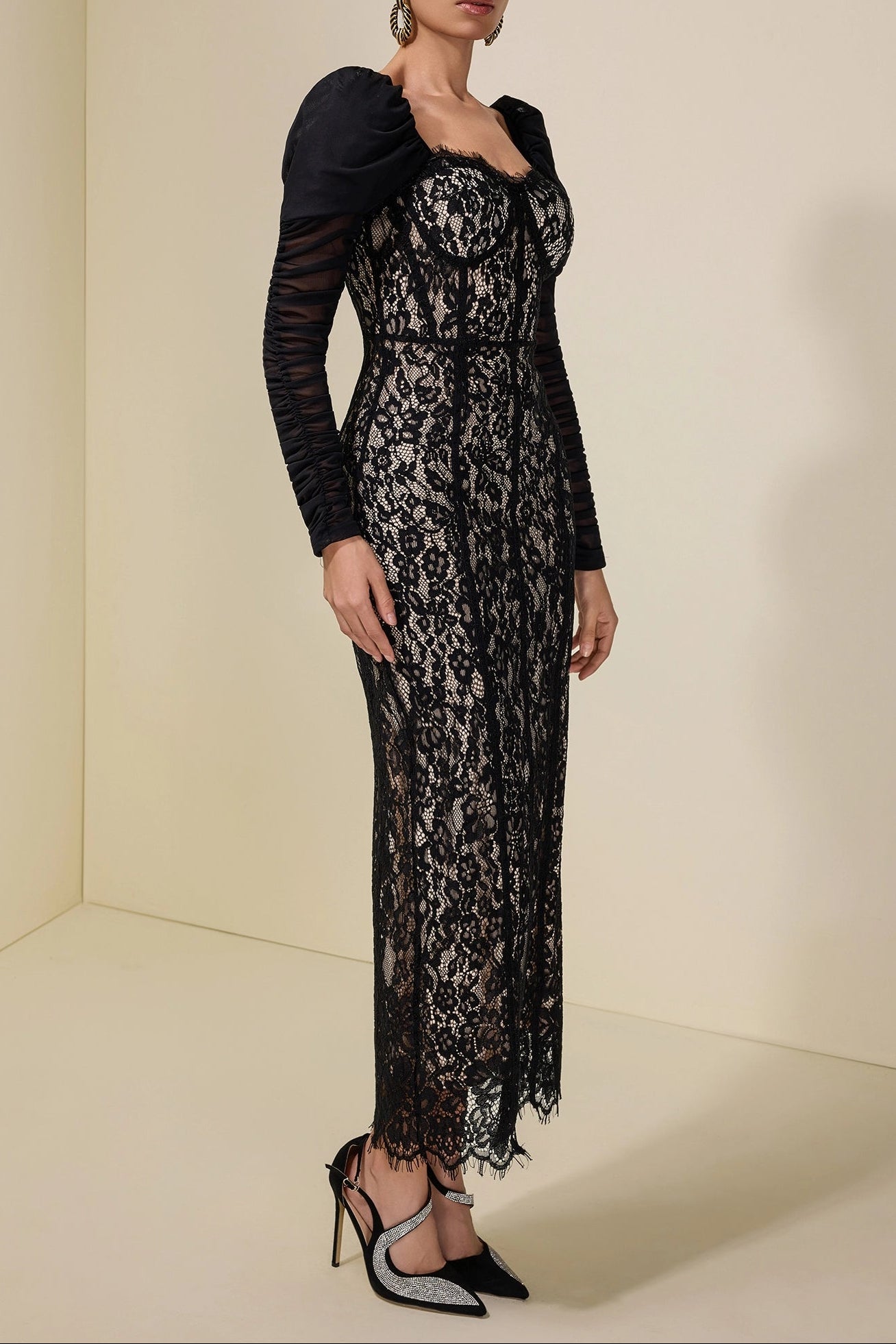 WENDY LACE MESH PUFF SLEEVE MIDI DRESS BLACK