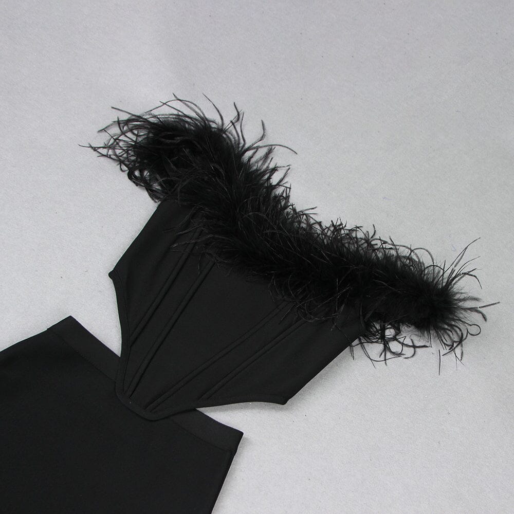 FEATHER OFF-SHOULDER MERMAID MAXI DRESS IN BLACK