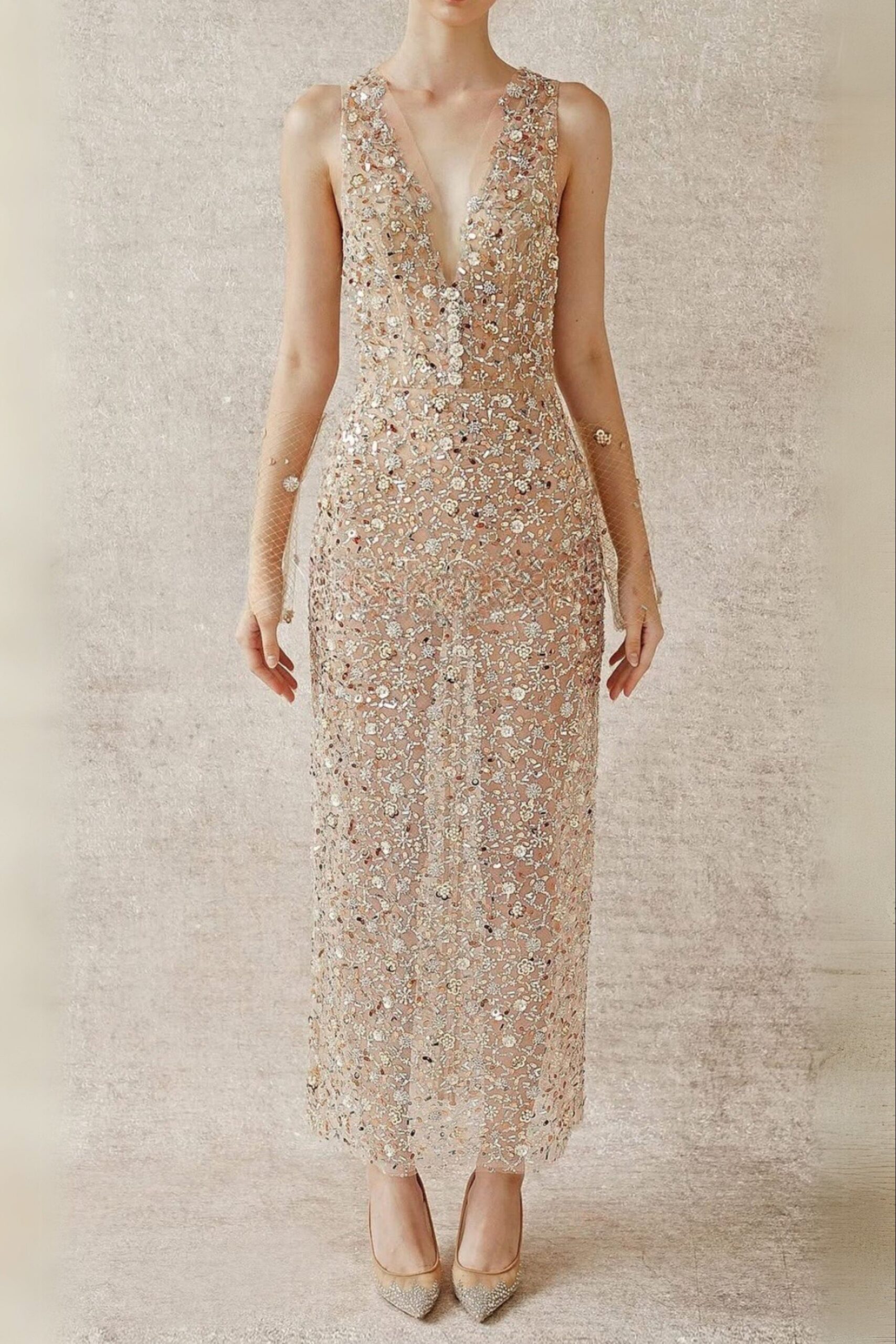 384 SLEEVELESS EMBROIDERED MIDI DRESS, BEIGE