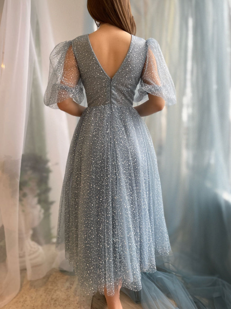 A-LINE GRAY BLUE MIDI DRESS FOR WORK