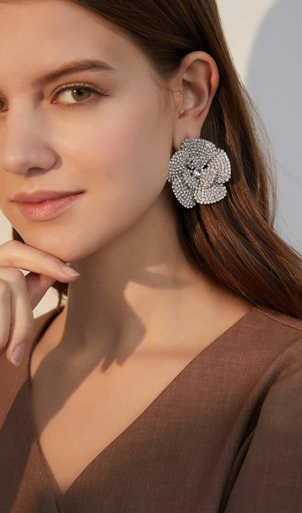 SILVER RHINESTONE FLOWER EARRINGS FOR WEDDING