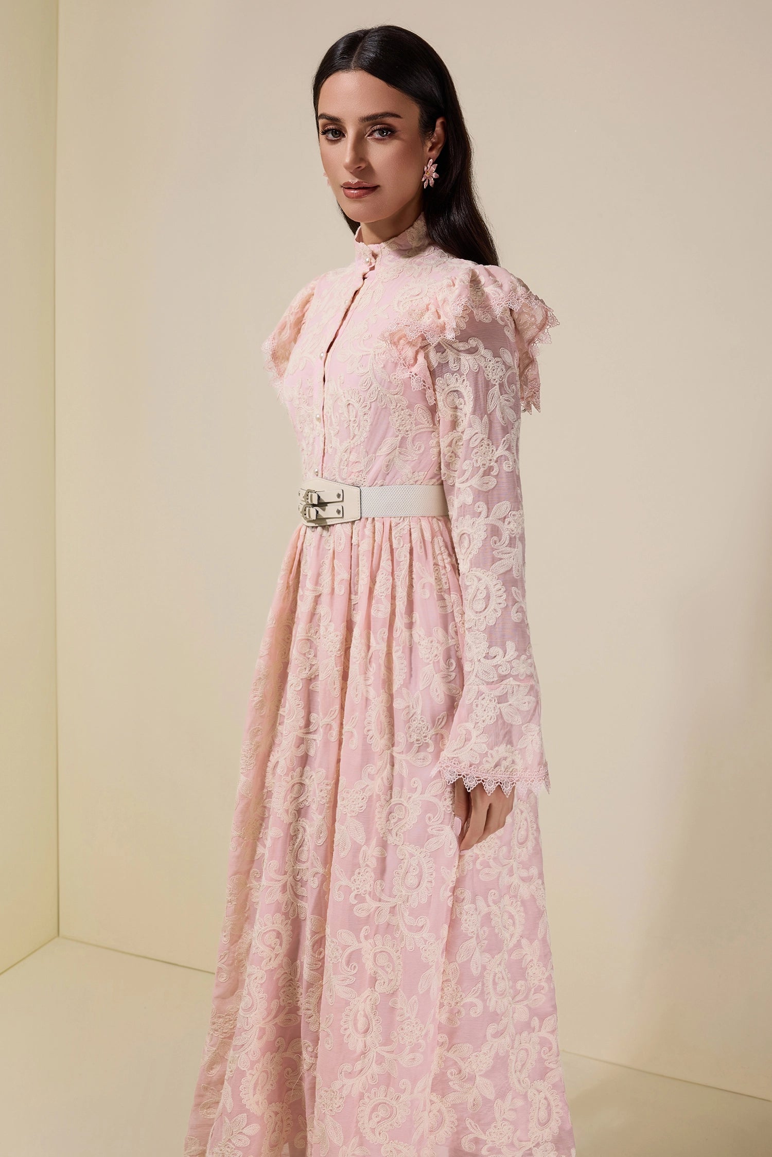 ALMA CHIFFON EMBROIDERED MIDI DRESS, PINK