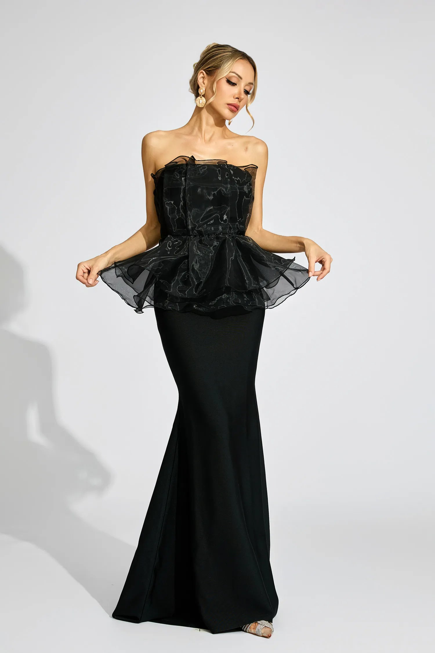 LORRAINE BLACK PEPLUM STRAPLESS MAXI DRESS