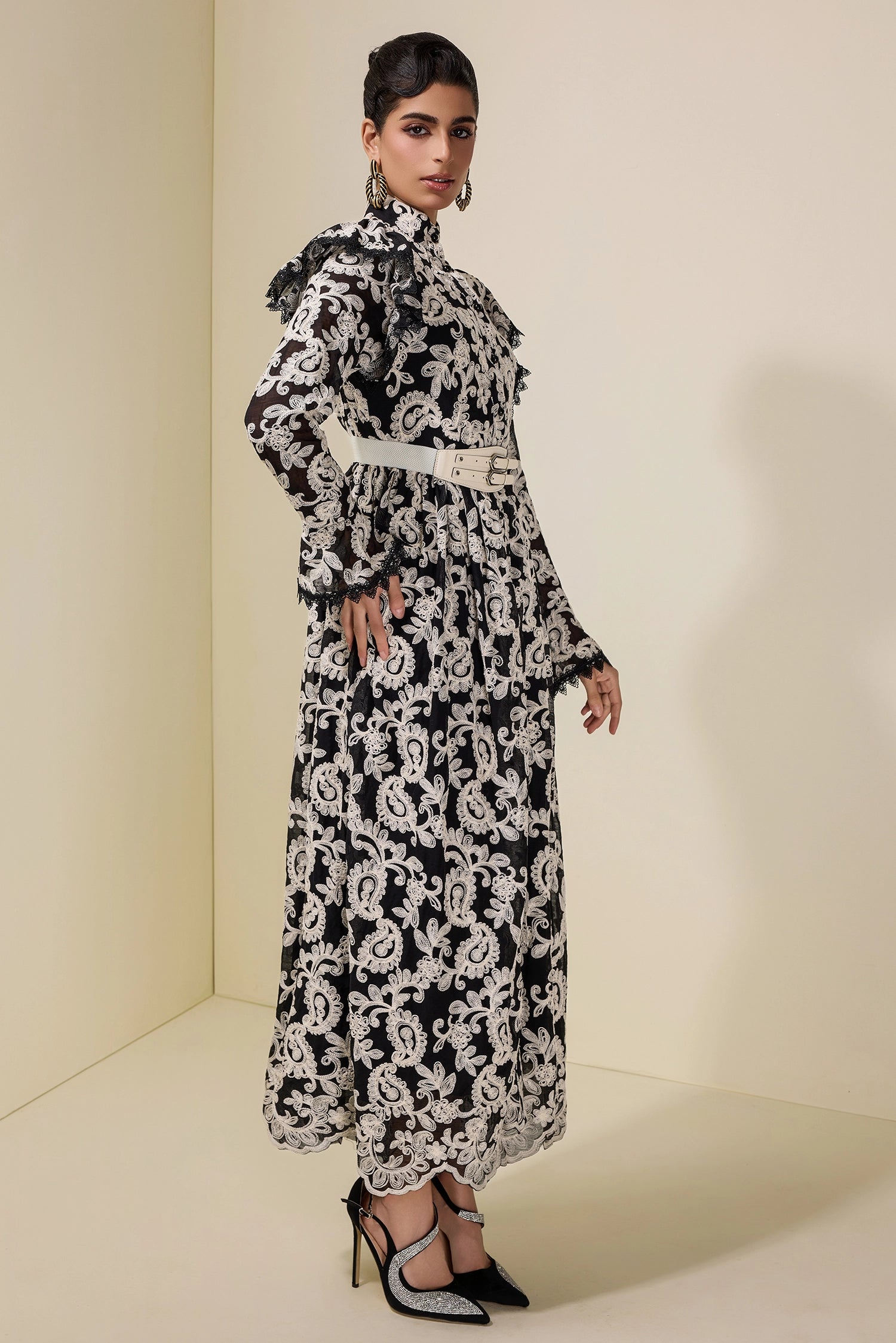 ALMA EMBROIDERED MIDI DRESS, BLACK, SINGLE BREASTED