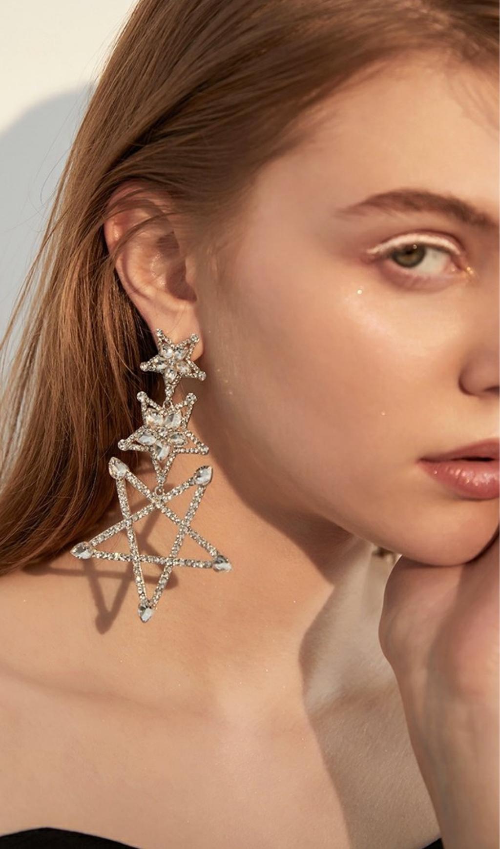 SILVER PENTAGRAM RHINESTONE DROP EARRINGS FOR GOTHIC PARTY