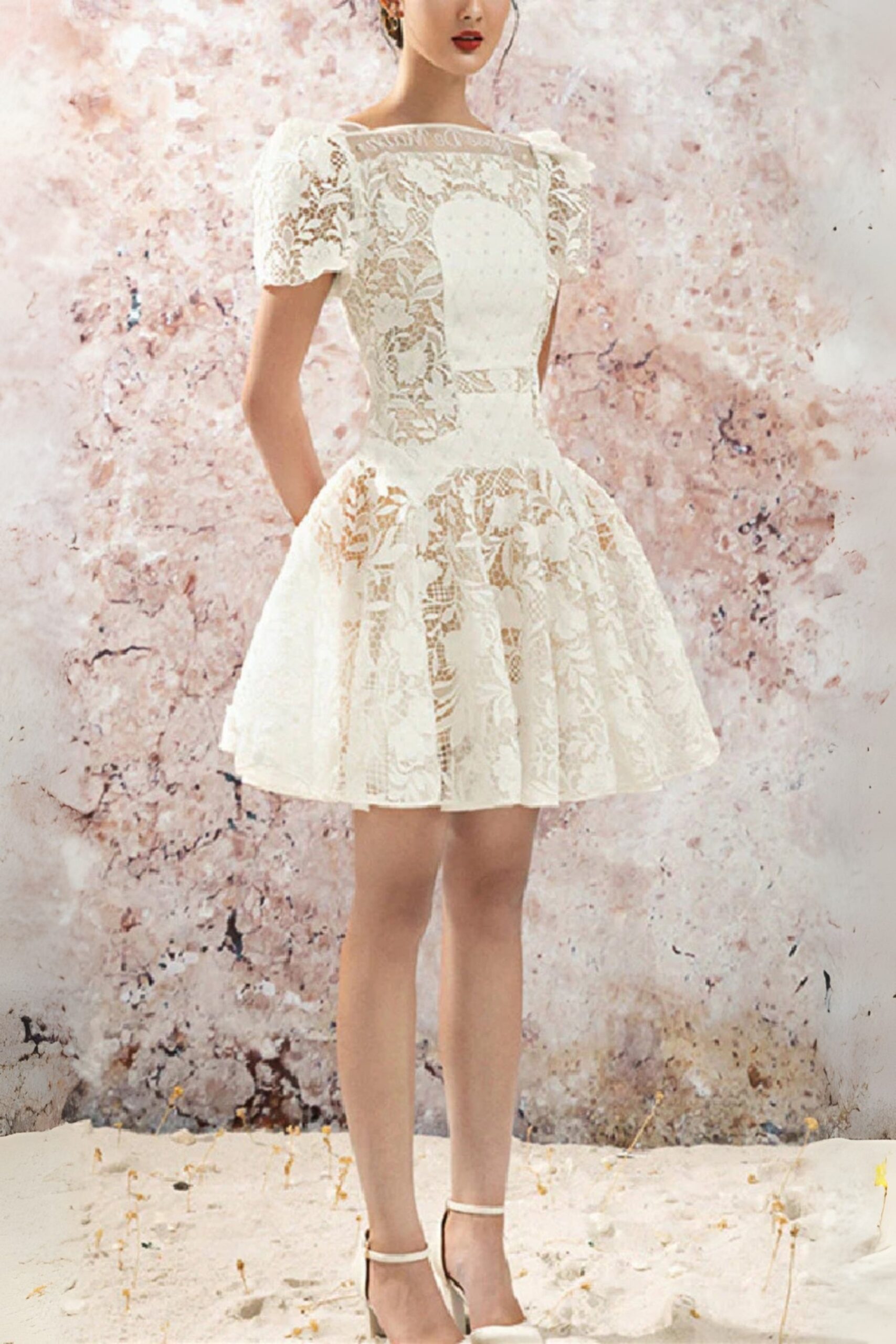 ROSE SLEEVE LACE MINI DRESS FOR WEDDING