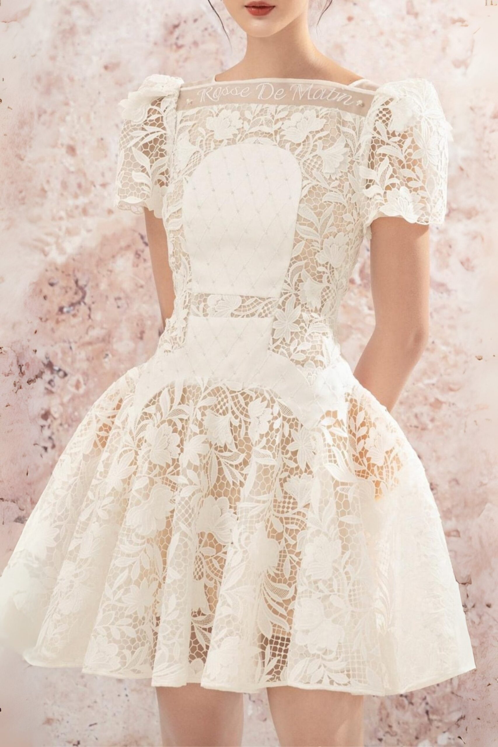 ROSE SLEEVE LACE MINI DRESS FOR WEDDING