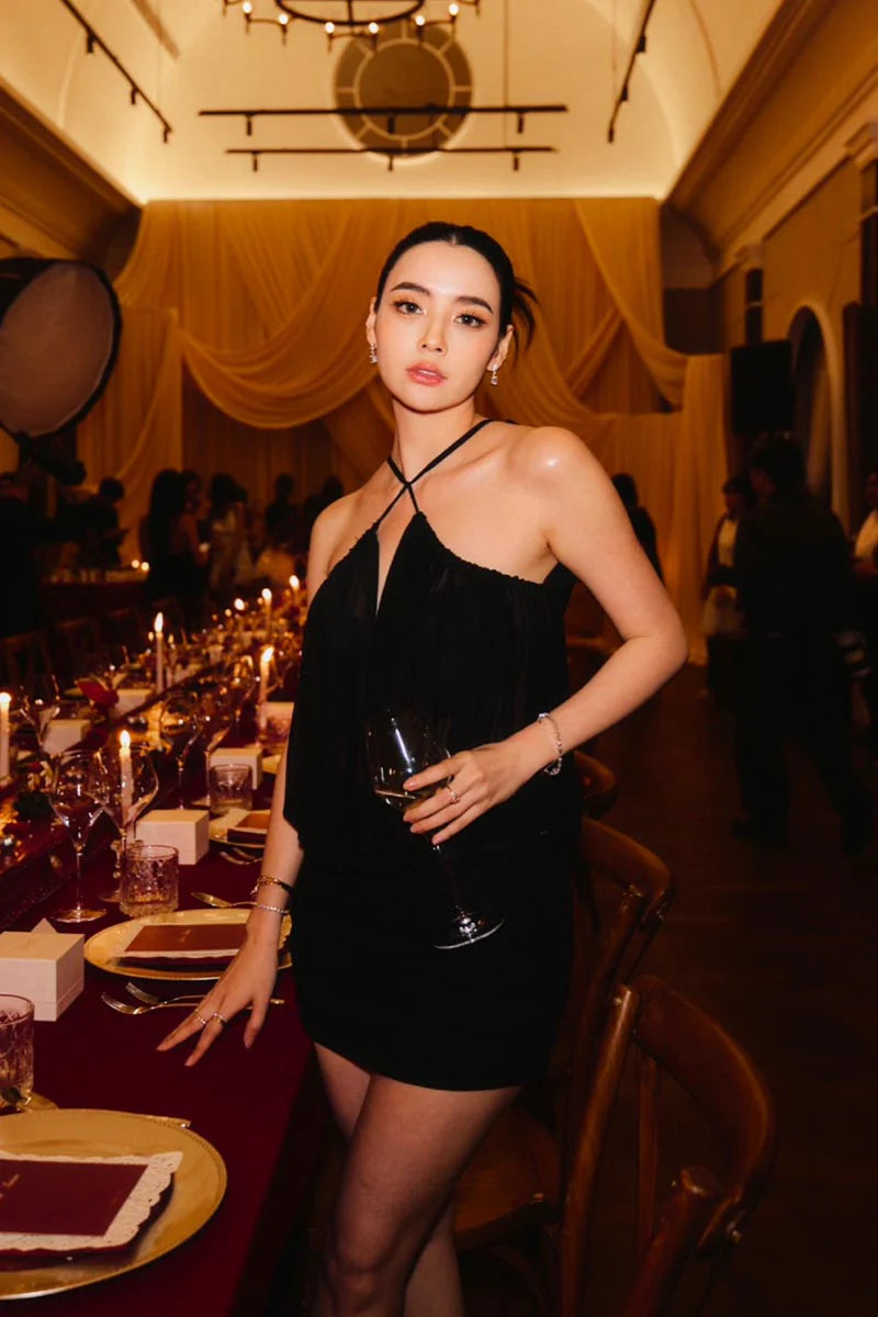 CHERYL RUCHED HALTER BODYCON MINI DRESS BLACK