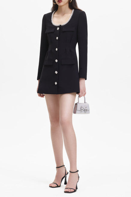 BLACK SQUARE NECK RHINESTONE PLEATED MINI DRESS