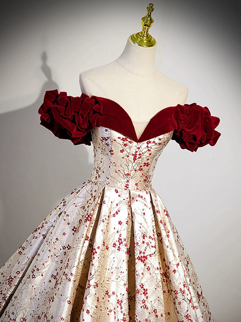 A-LINE OFF-SHOULDER SATIN VELVET CHAMPAGNE GOWN