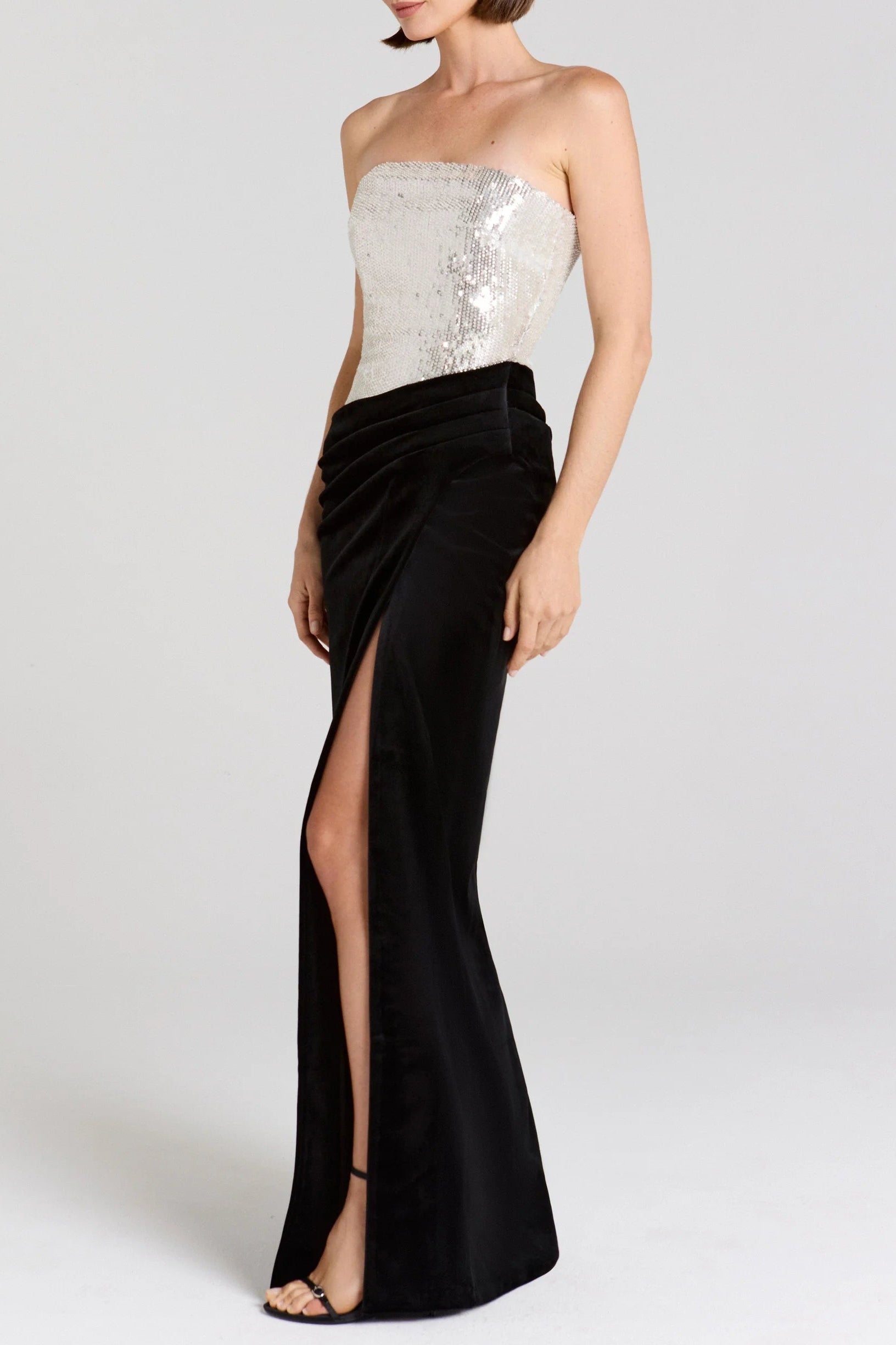 SILVER OFF SHOULDER SEQUIN VELVET MAXI DRESS