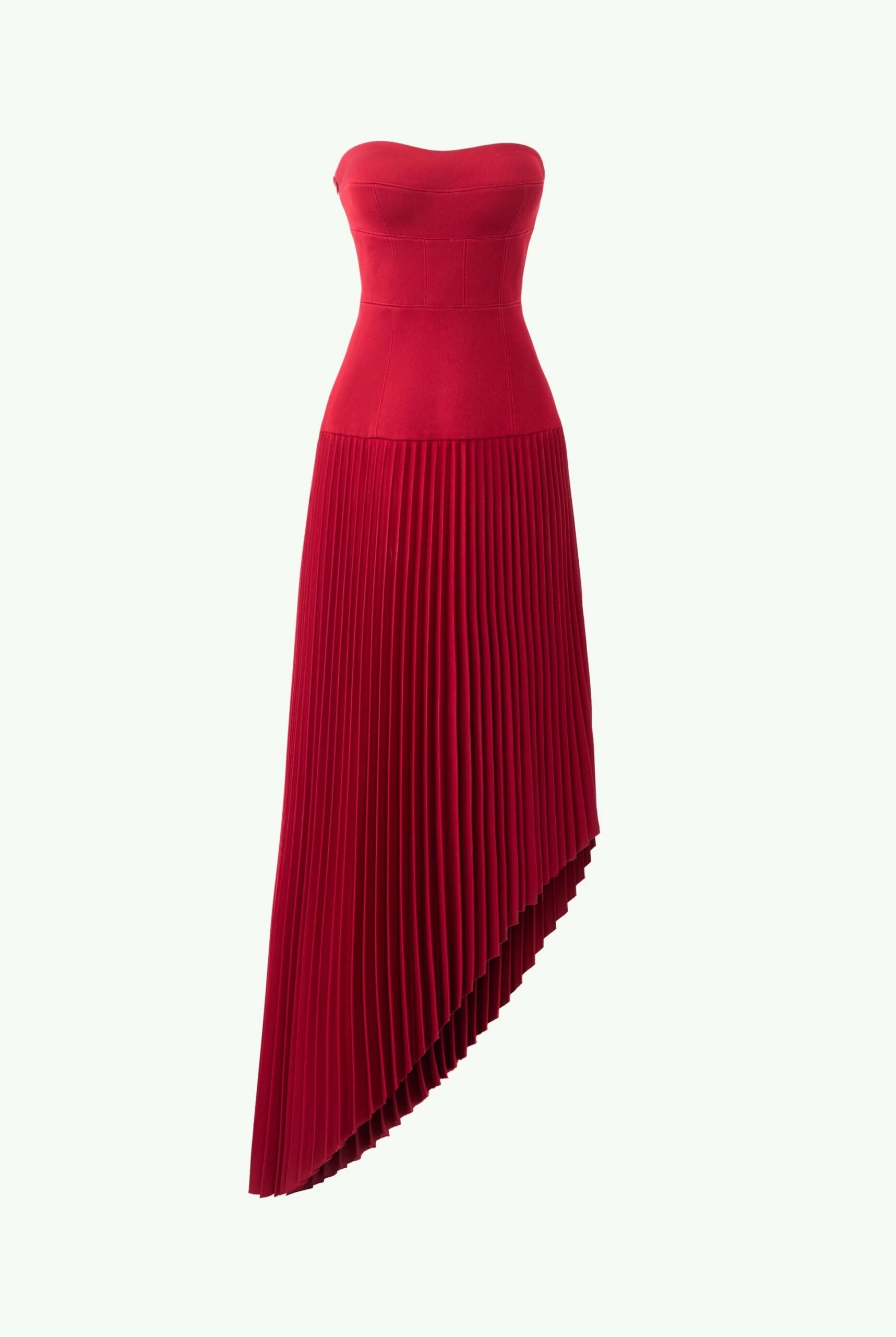SPAGHETTI STRAP ASYMMETRIC PLEATED MIDI DRESS RED