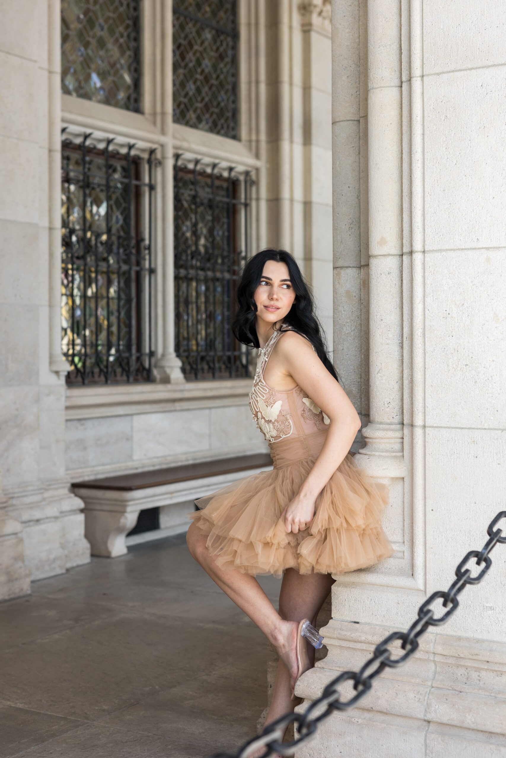 BEIGE BALLERINA TULLE MINI DRESS 3D APPLIQUE