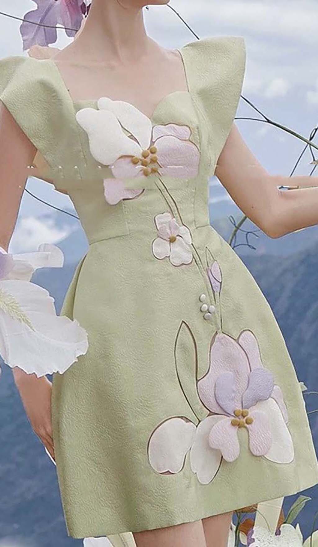 3D FLOWER BUTTERFLY SLEEVE MINT MINI DRESS