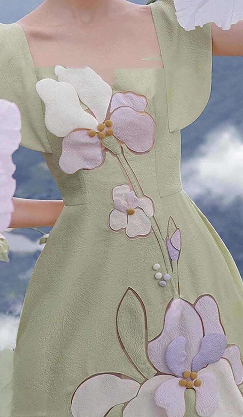 3D FLOWER BUTTERFLY SLEEVE MINT MINI DRESS