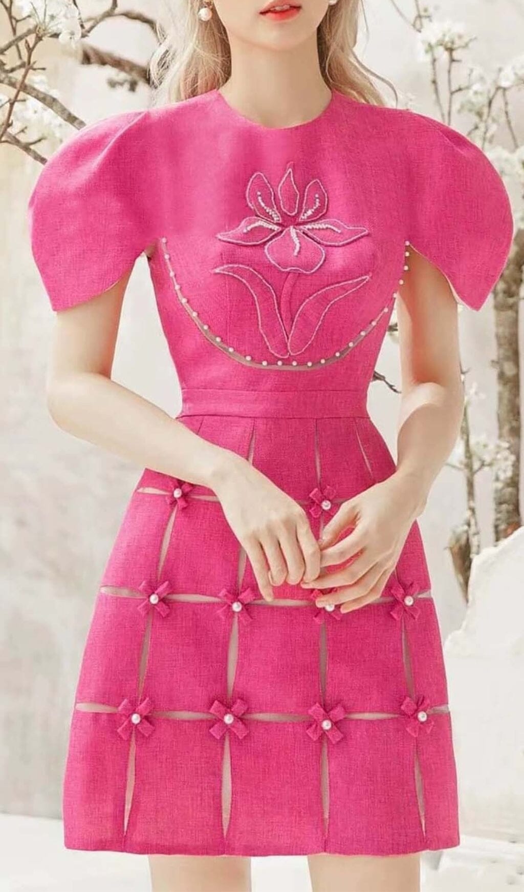 3D FLOWER O-NECK MINI DRESS PINK PARTY