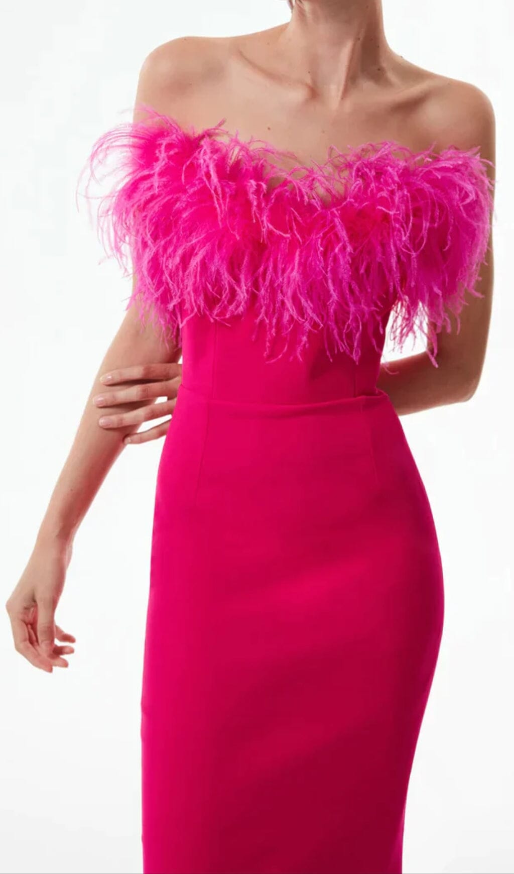 FEATHER BODYCON BANDAGE MIDI DRESS HOT PINK