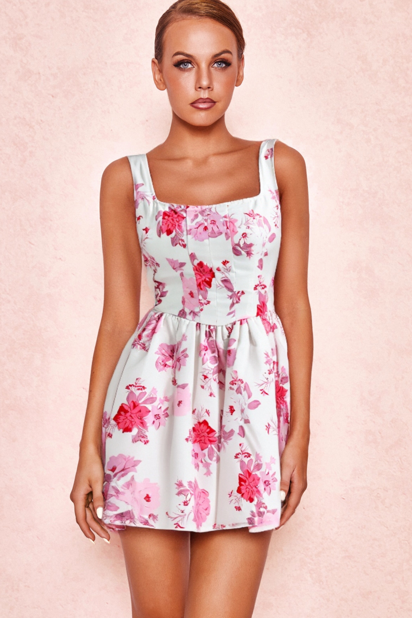 RETALE PINK FLORAL FLARED MINI DRESS FOR PARTY