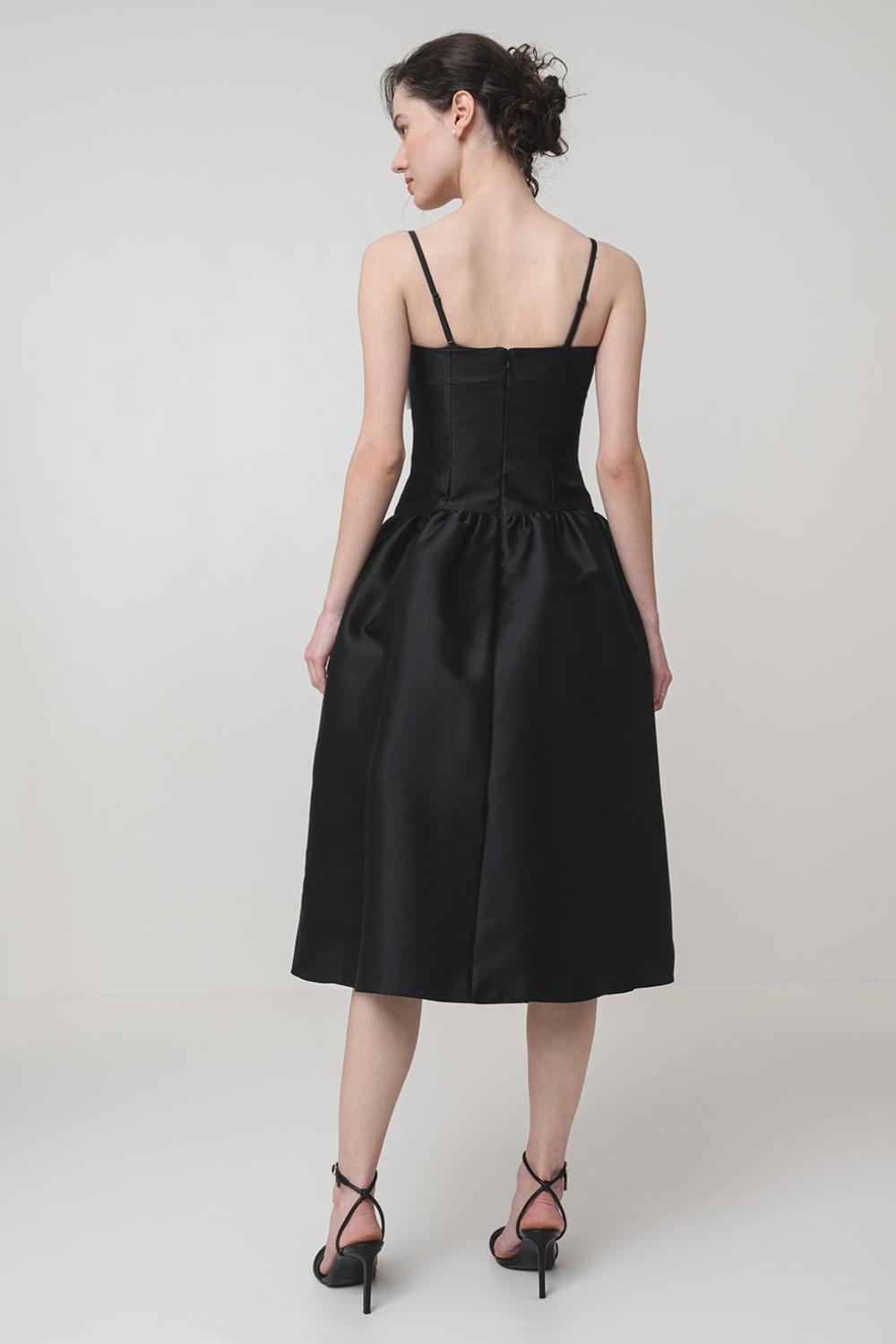 BOW DETAIL TAFFETA MIDI DRESS - BLACK WEDDING GUEST