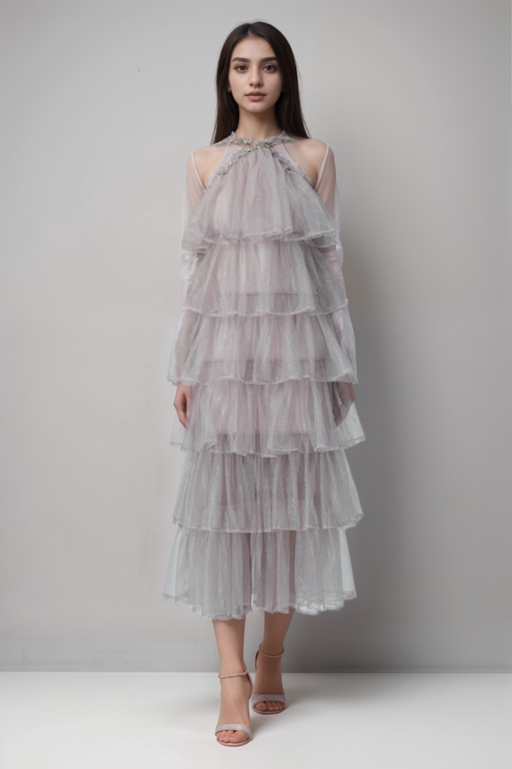 LAYERED RUFFLE HALTER SPARKLE SHEER DRESS FOR PARTY