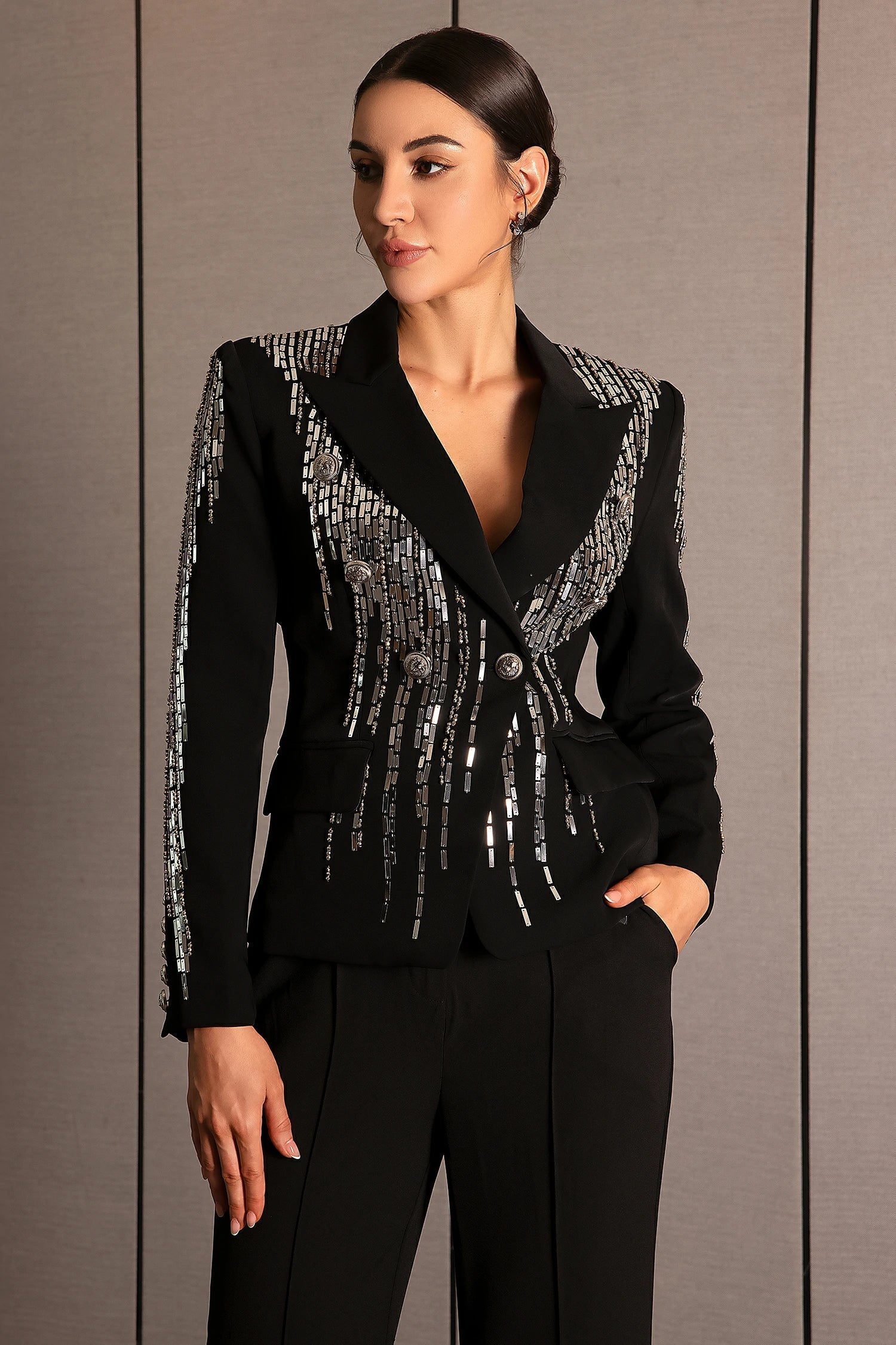 LUXE RHINESTONE DOUBLE BREASTED BLAZER IN BLACK