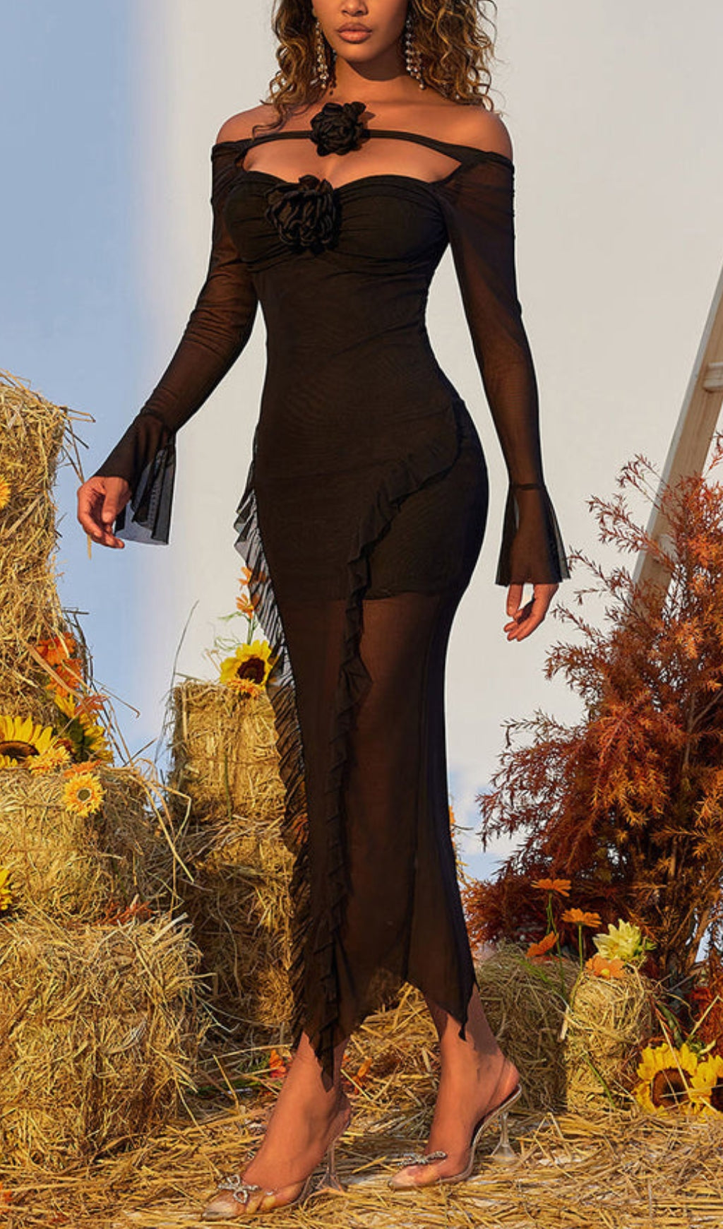FLOWER RUFFLE MESH DRESS FOR WEDDING