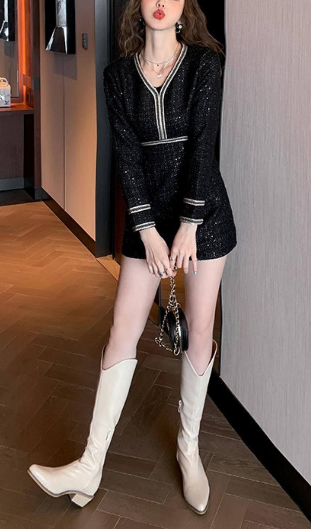 V-NECK LONG SLEEVE MINI DRESS FOR PARTY