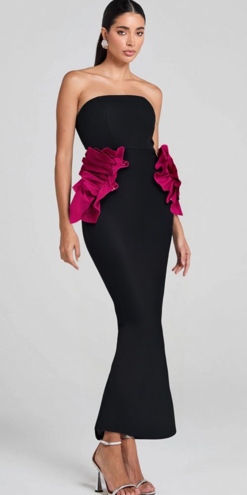 PLEATED ORNAMENTED BANDAGE MAXI DRESS IN BLACK PLEATED ORNAMENTED BANDAGE MAXI DRESS IN BLACK