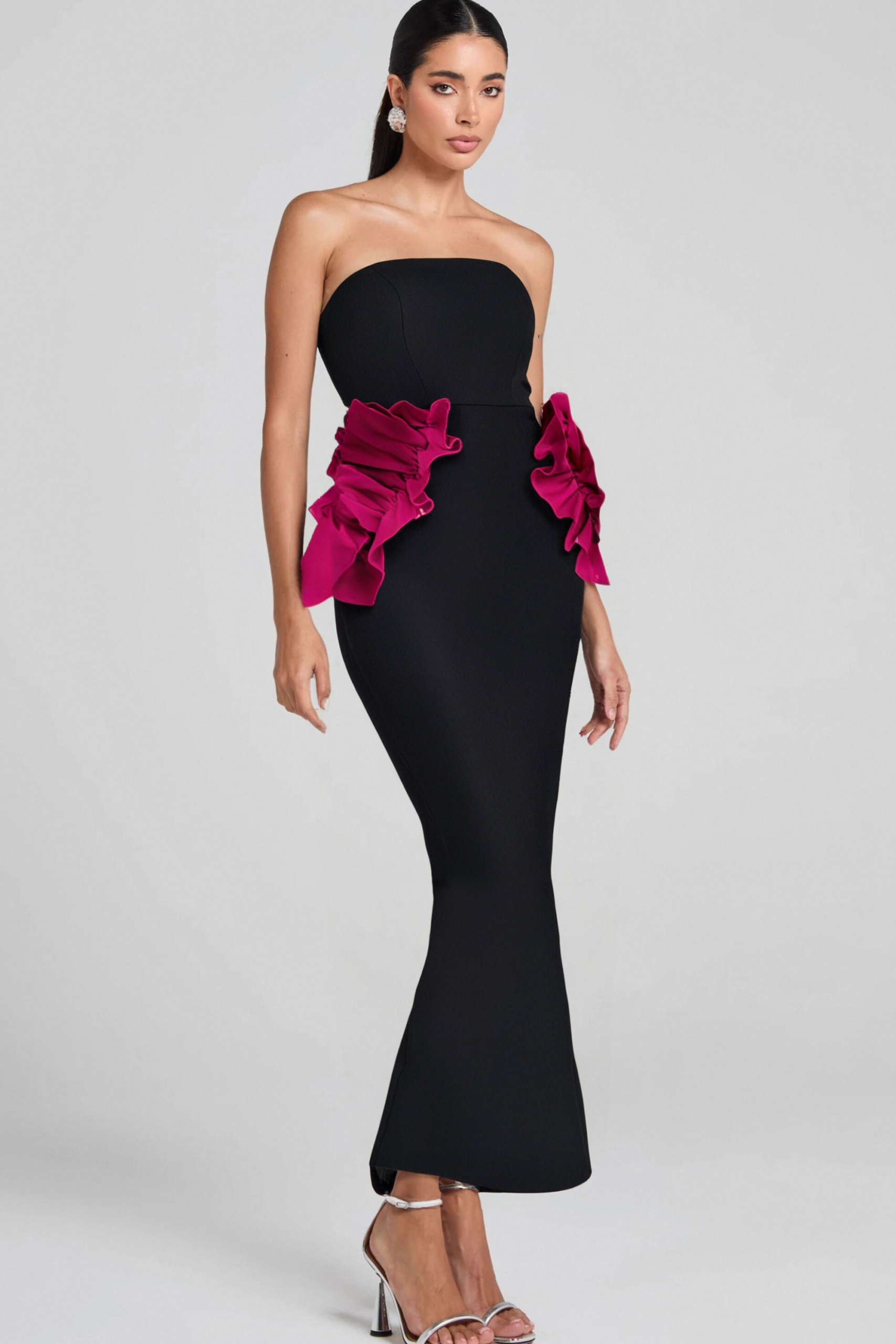 PLEATED ORNAMENTED BANDAGE MAXI DRESS IN BLACK