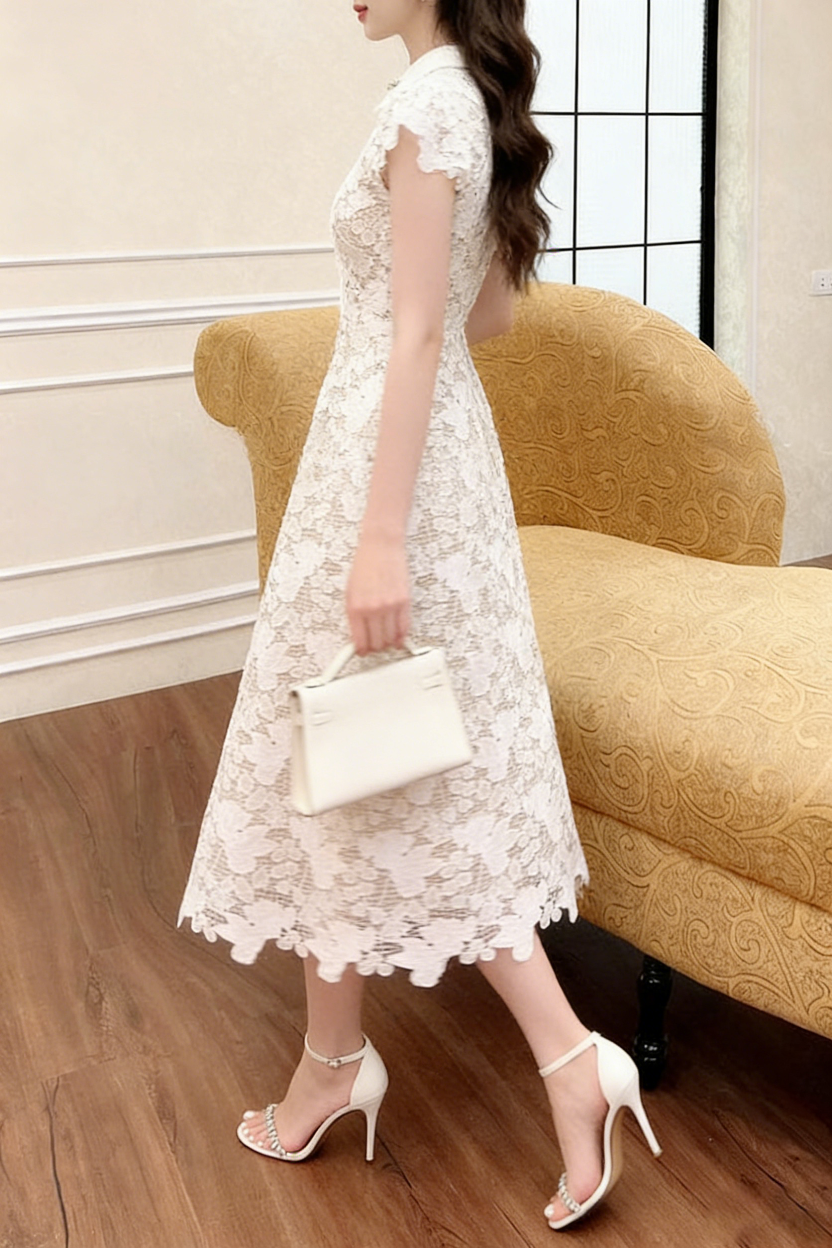 LEILA WHITE LACE MIDI DRESS WITH 3D FLOWER BOW