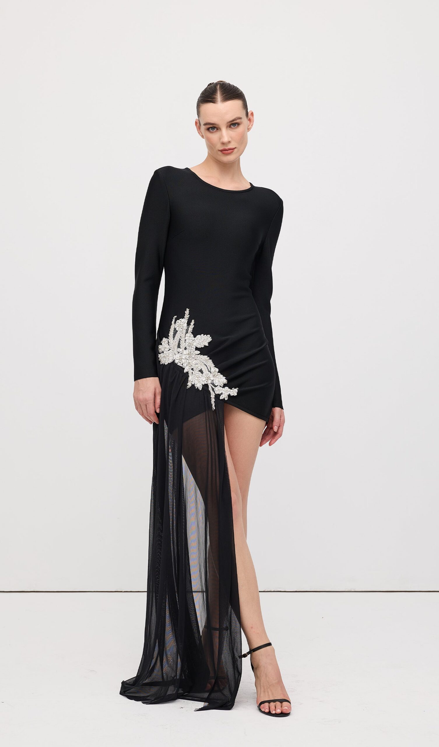 REBECCA BLACK ASYMMETRICAL RHINESTONE MINI DRESS