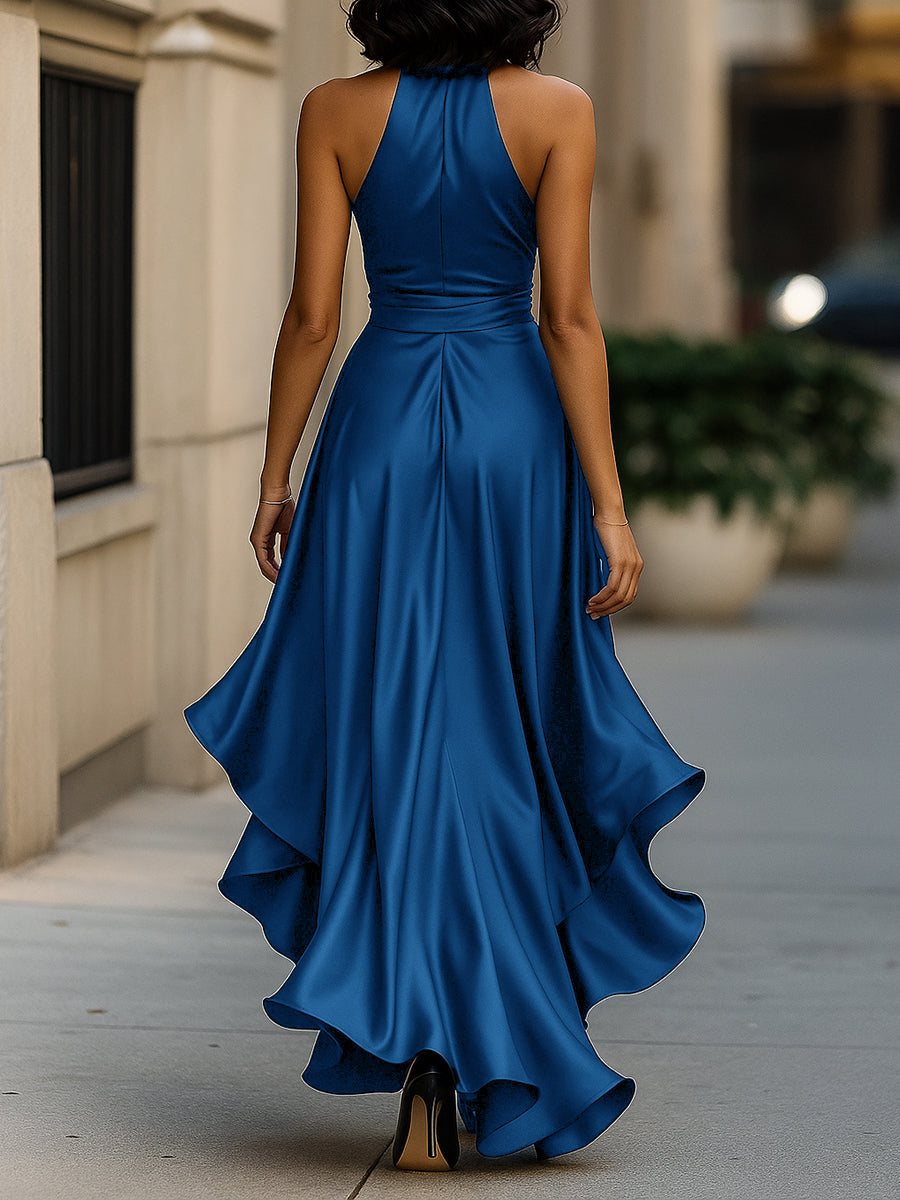 MIDNIGHT SATIN HALTER RUFFLE GOWN