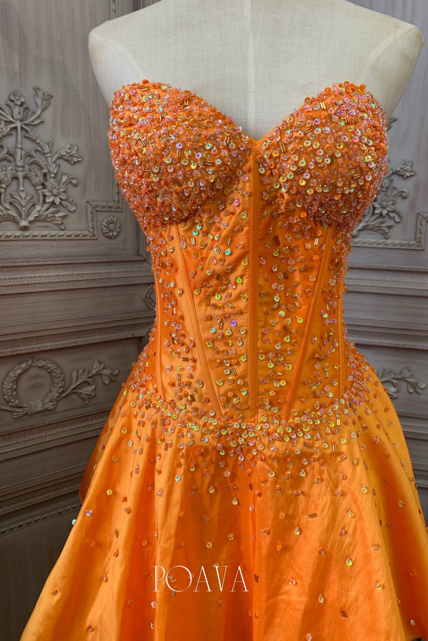 EMBELLISHED ORANGE MINI STRAPLESS COCKTAIL DRESS