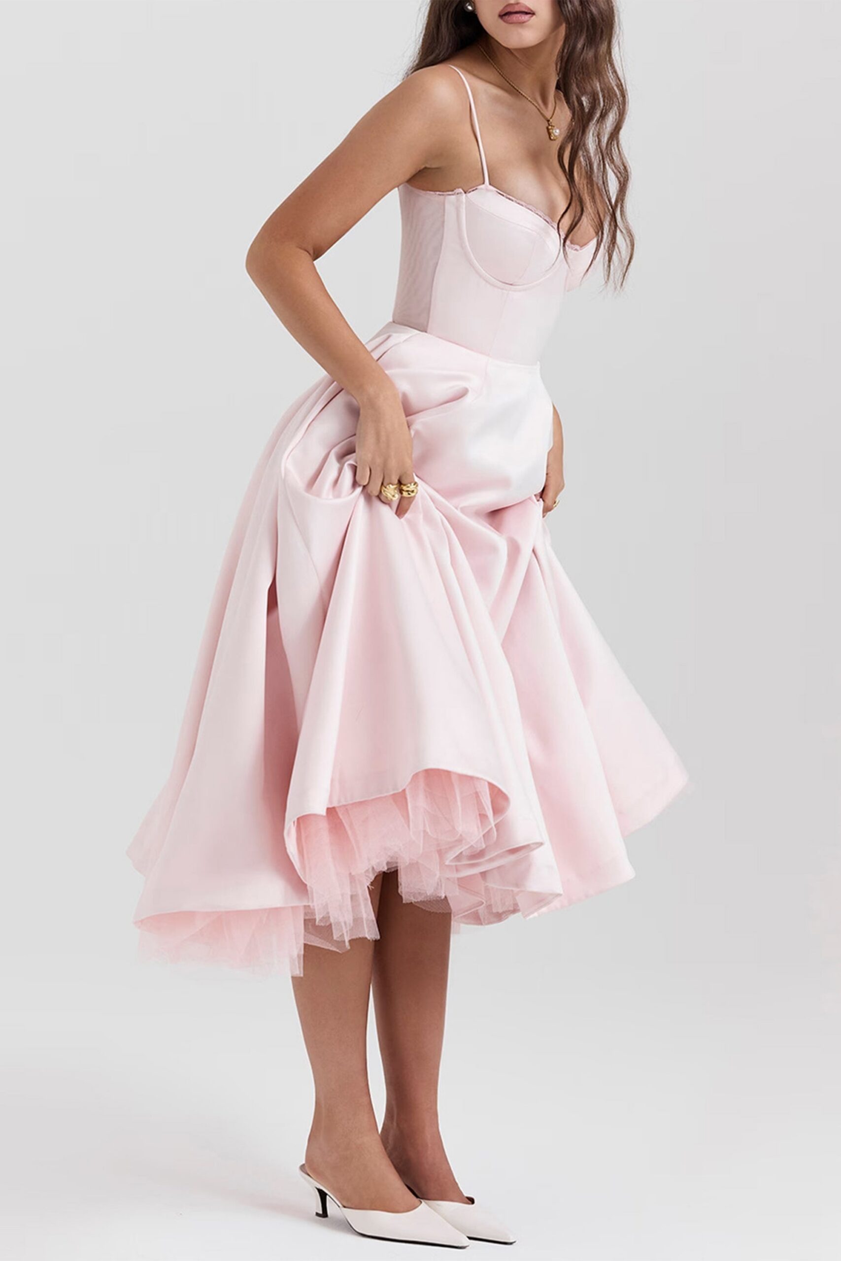 ANALISSA PINK MESH MIDI DRESS FOR PARTY