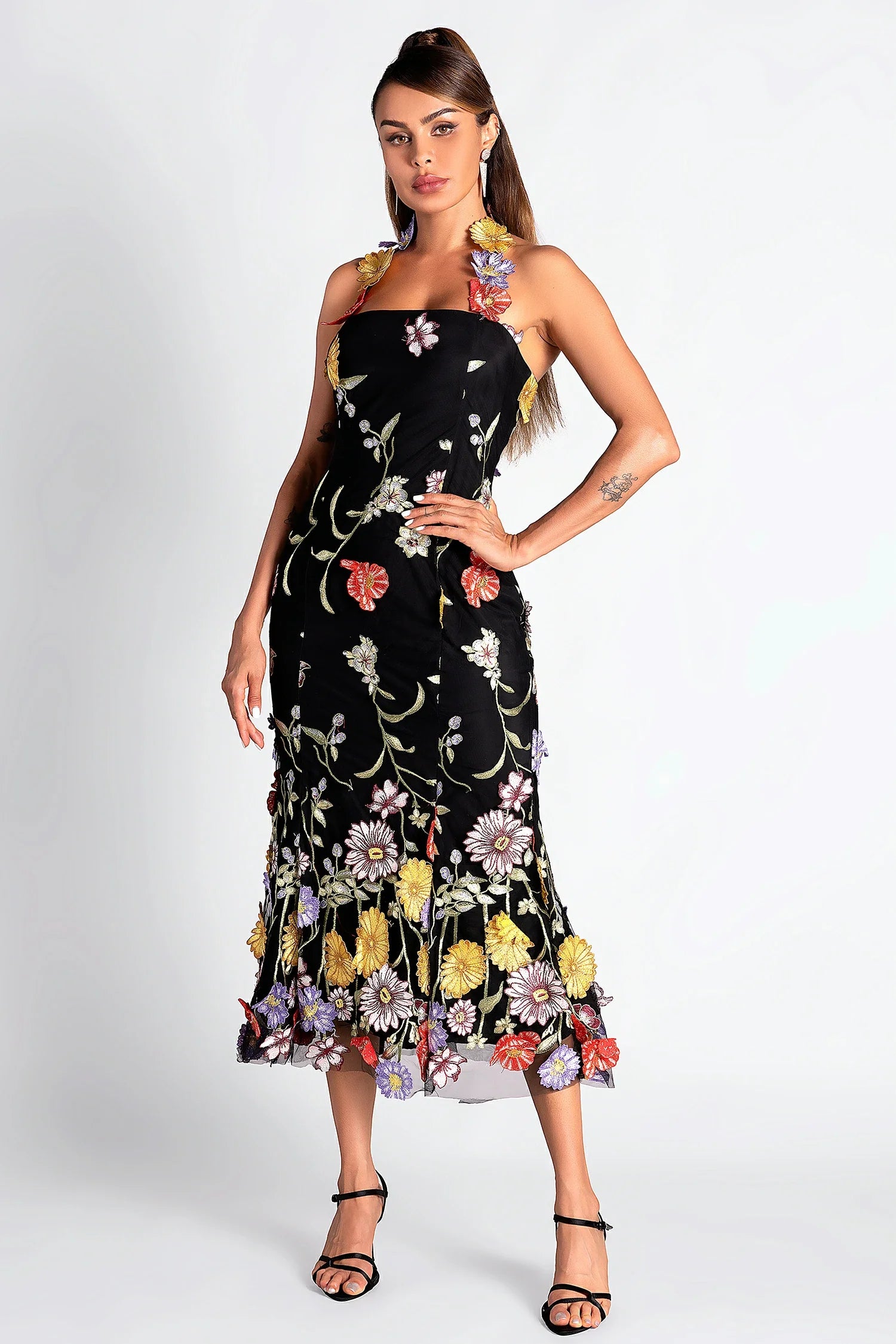 HALTER FLORAL EMBROIDER MIDI DRESS, BLACK, WEDDING GUEST