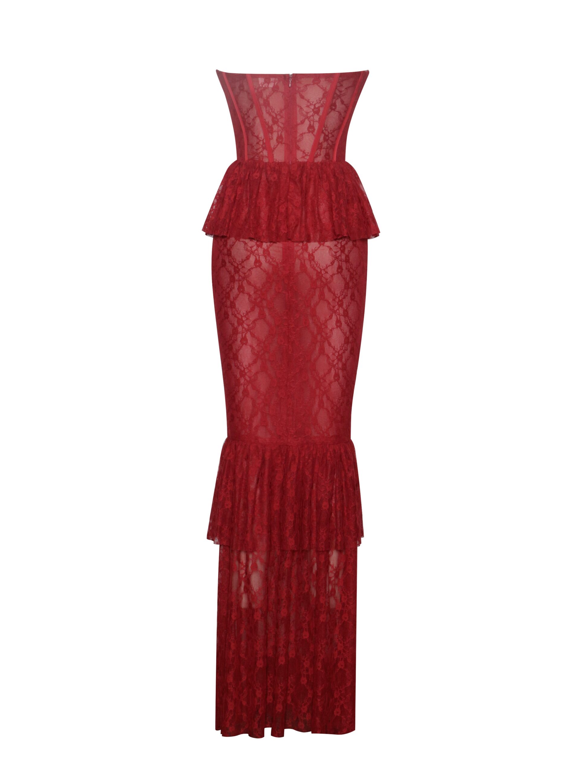 ZEN BURGUNDY LACE CORSET MAXI DRESS