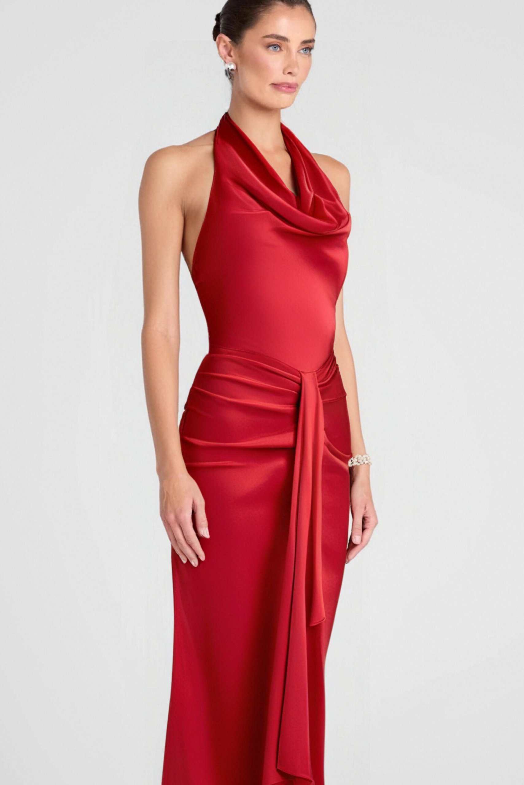 HALTER SATIN MERMAID MAXI DRESS - RED FORMAL GOWN