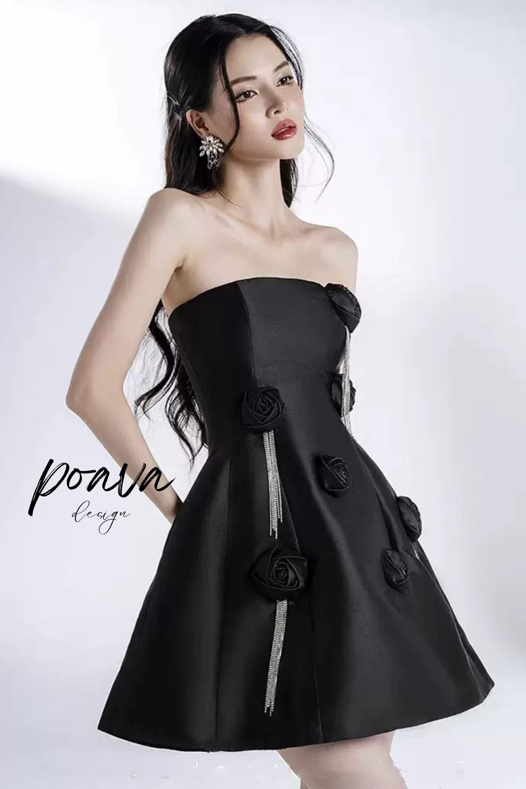 SATIN FLOWER MINI DRESS, BLACK, COCKTAIL
