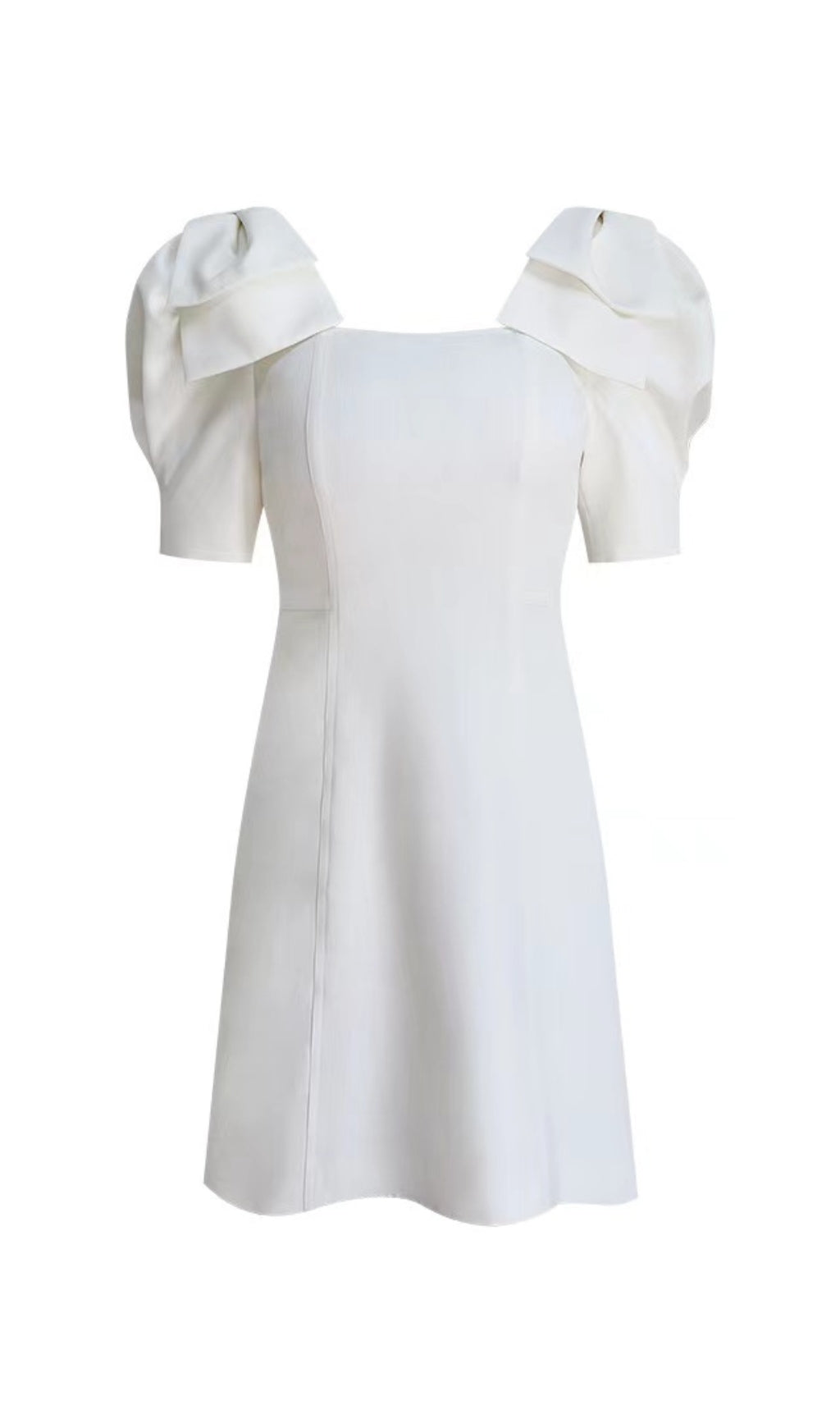 ELEGANT WHITE SQUARE NECK MIDI DRESS WITH PUFF BOW SLEEVES