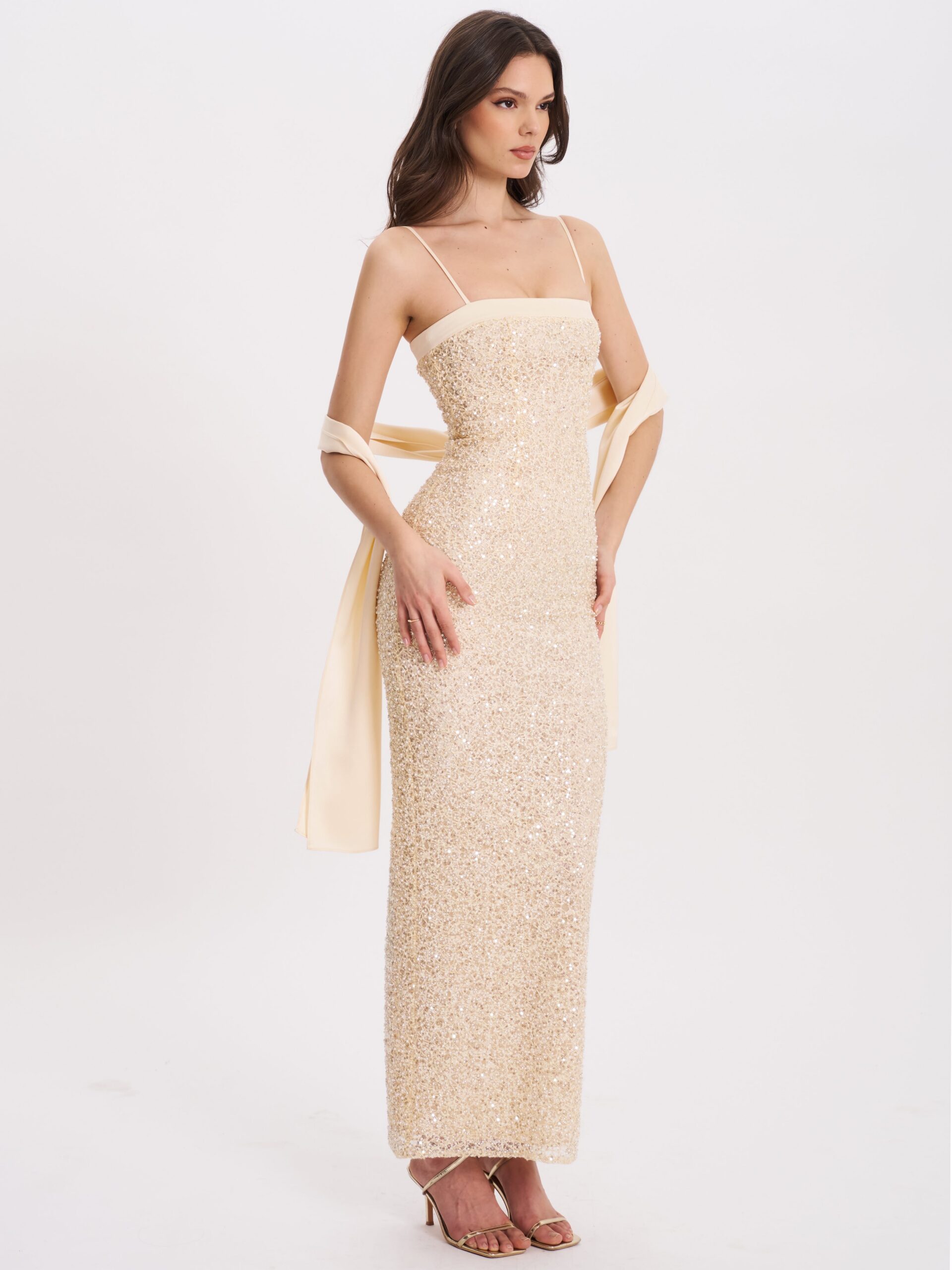 GOLD BEADED SEQUIN BODYCON GOWN WITH SCARF