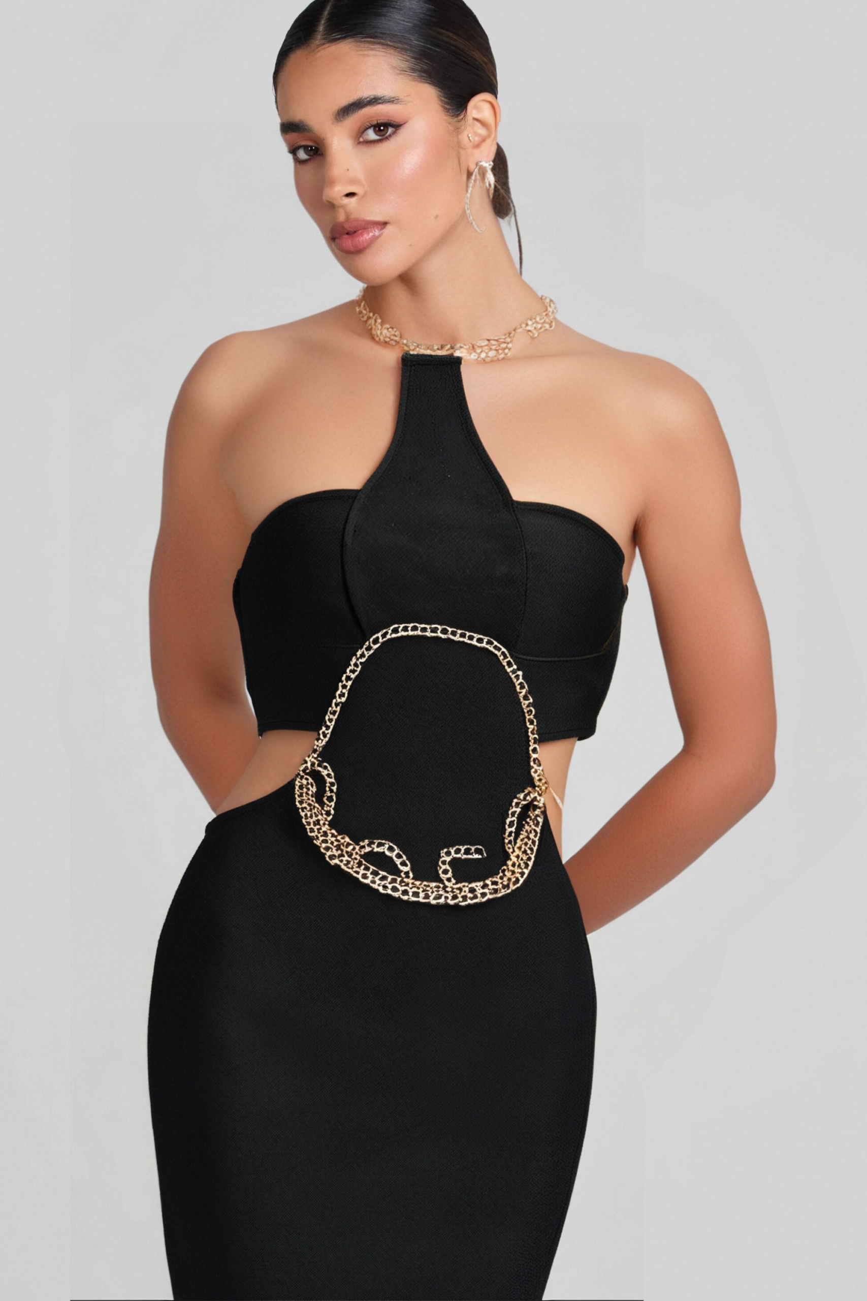 GOLD CHAIN WAIST CUTOUT BANDAGE PARTY DRESS