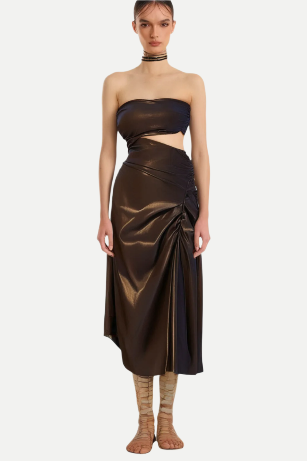 STRAPLESS LEATHER MIDI DRESS WITH CUTOUT FOR PARTY